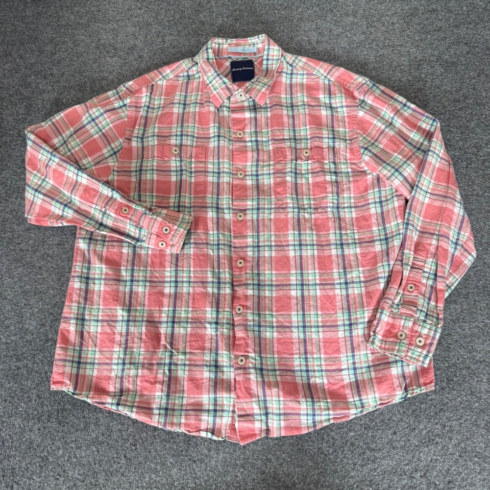 Tommy Bahama Mens XL Linen Cotton Plaid Button Up Shirt Coral‎ Blue Long Sleeve